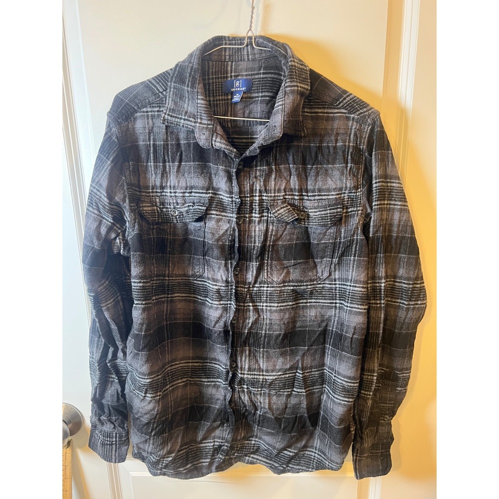 George Mens‎ Button Down Shirt Plaid Black Grey Size Medium